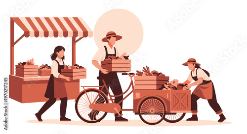 Three hardworking farmers wearing aprons and wide-brimmed hats load wooden crates of fresh produce onto a vintage tricycle cart near a striped market stall.