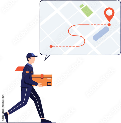 delivery courier with package and gps route map, shipping service tracking concept, fast logistics delivery illustration modern flat design