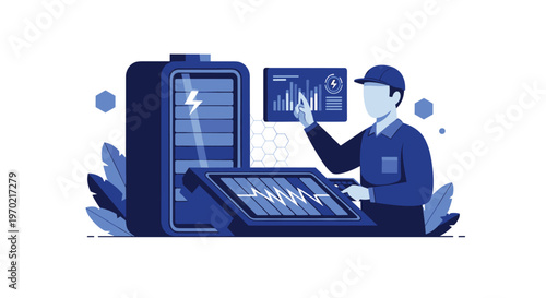 A professional technician in a blue uniform monitors a large industrial battery system using a sophisticated digital interface and data visualization.