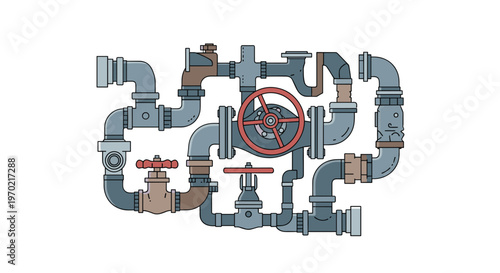 A complex network of grey industrial plumbing pipes incorporates several red manual control valves and various metallic joint connections on white space.