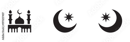 Set of black mosque and crescent moon star icons isolated on white background symbol