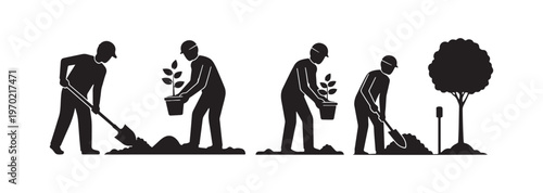 Collection of tree planting icons in vector style.