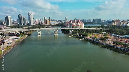 Marina bay, Singapore: Aerial view of famous island country and city-state - landscape panorama of Southeast Asia from above
