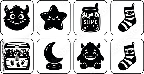 Black and white cute monster star slime sock moon treasure chest icons set