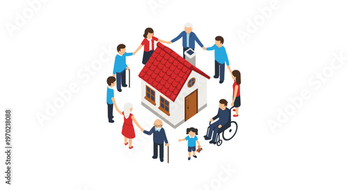 A diverse group of people holding hands forms a circle around a small red-roofed house on a white background.