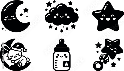 Cute black and white baby moon star cloud bunny bottle and rattle vector art icons