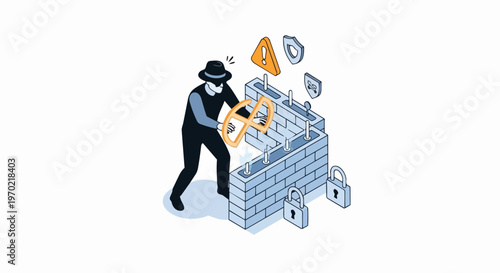 Cybersecurity Concept: Isometric Illustration of a Hacker Attacking a Network Firewall with Data Protection Icons and Security Symbols