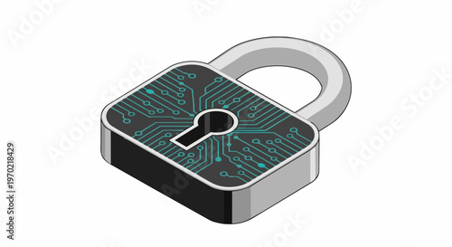 Cybersecurity Digital Lock with Circuit Board Pattern, 3D Isometric Padlock for Data Protection and Information Security Concept