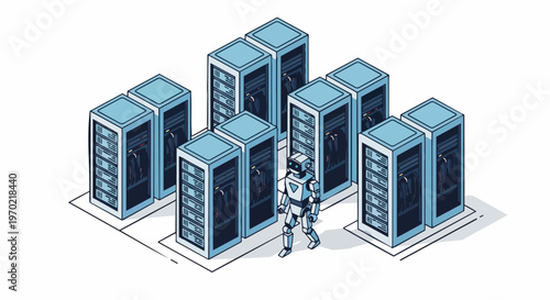 Isometric AI Robot Walking Through a Modern Data Center Server Room, Artificial Intelligence and Automation Concept Vector Illustration