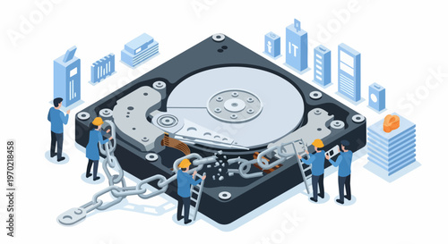 Data Recovery and IT Hardware Maintenance Concept with Tiny Engineers Repairing a Large Open Hard Disk Drive and Breaking Chains, Isometric Illustration