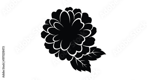 A striking black floral design featuring a fully bloomed dahlia with delicate leaves a bold silhouette high quality