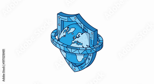 Isometric Global Cybersecurity Icon with Shield and Earth Globe for Data Protection and Network Security Concept
