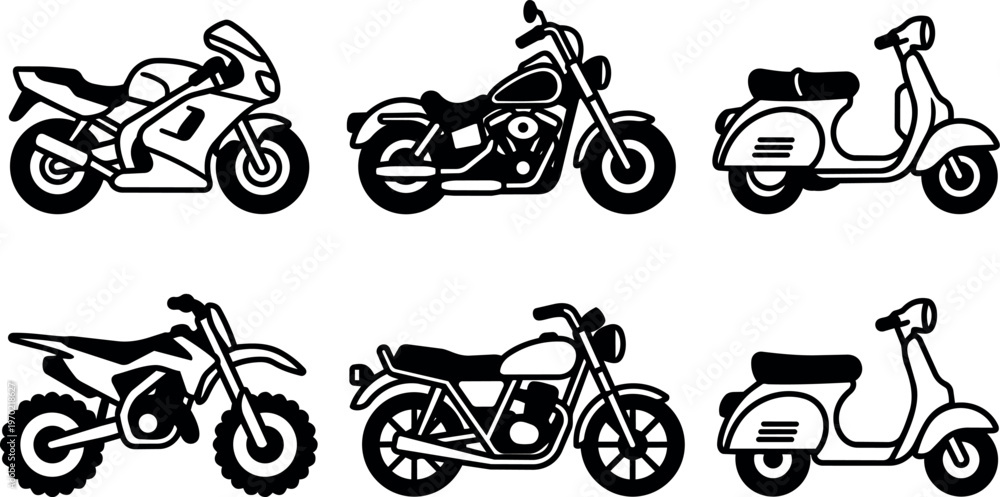 Fototapeta premium Black and white motorcycle scooter line art collection set