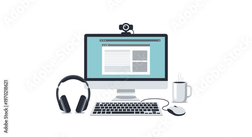 A desktop computer monitor with a webcam, headphones, keyboard, mouse, and a steaming coffee mug are arranged on a white background.