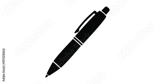 A stark black silhouette of a modern ballpoint pen against a plain white background a simple graphic silhouette