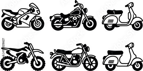 Black and white motorcycle scooter line art collection set
