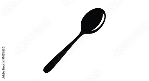 A simple black outline depicts a single spoon laying diagonally against a plain white background silhouette high quality