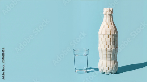 Soda bottle made of sugar cubes next to fresh glass of water on blue background for hidden sugar, healthy diet, and obesity awareness concepts.
