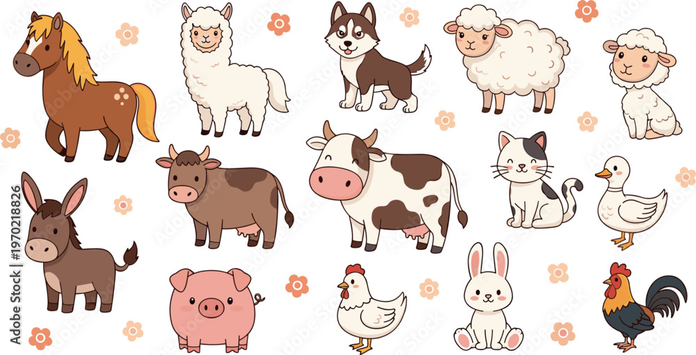 Naklejka premium Farm Animal Collection, Cute Hand-Drawn Vector Set of Horse, Sheep, Cow, Pig, Chicken, Duck, Rabbit, and More with Flowers for Kids, Nursery, and Farm Illustrations
