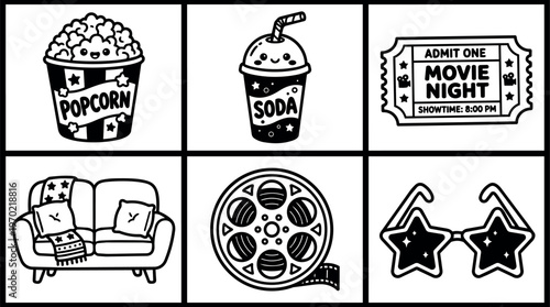Black and white movie night icons popcorn soda ticket sofa film reel star glasses
