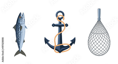 A striped fish, a dark blue anchor with rope, and a grey fishing net are displayed on a white background.
