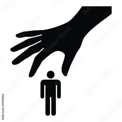 Large hand covering small person icon silhouette representing power control and oppression over individuals rights freedom and autonomy.