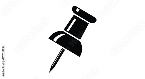 A stark black graphic depicts a push pin angled slightly providing a simple visual representation silhouette high quality
