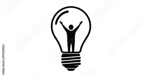 A person with arms raised stands inside a lightbulb representing a bright idea or innovation silhouette high quality