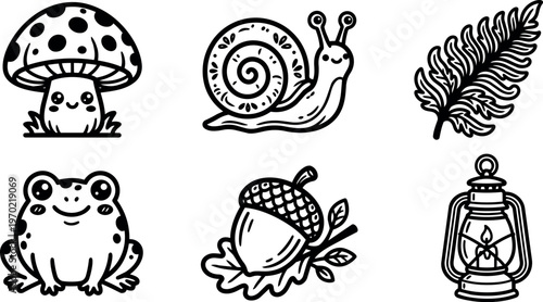 Cute black and white line art mushroom snail frog acorn fern and lantern set
