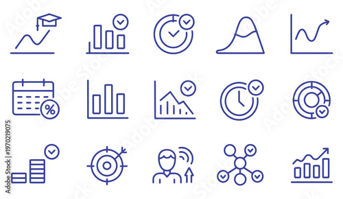 Academic analytics icon collection, vector illustration for performance metrics, learning progress and data driven education systems.