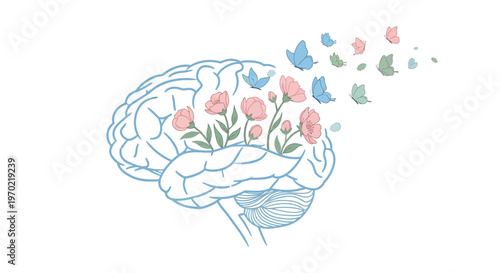 A brain illustration with flowers and butterflies emerging from it symbolizes creativity.