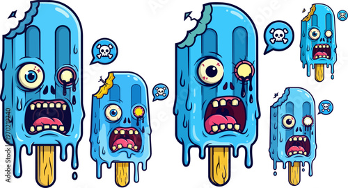 Cartoon zombie ice cream, melting blue popsicles, funny faces, emoticons, vector stickers