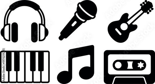 Black and white music icons set with headphones microphone guitar cassette