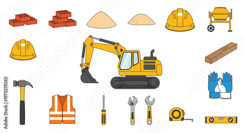 A collection of construction tools and materials, including an excavator, bricks, sand, and various hand tools, are displayed on a white surface.