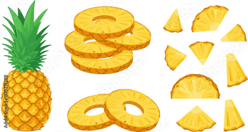 Pineapple, pineapple slices, chunks, and wedges, yellow fruit vector icons