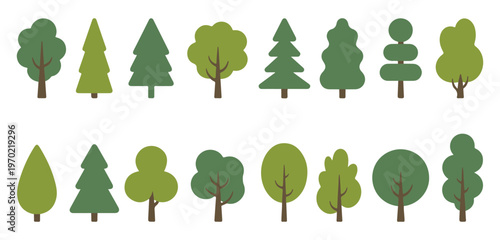 Minimalist tree silhouettes for map making and landscape illustration with various shapes and green shades