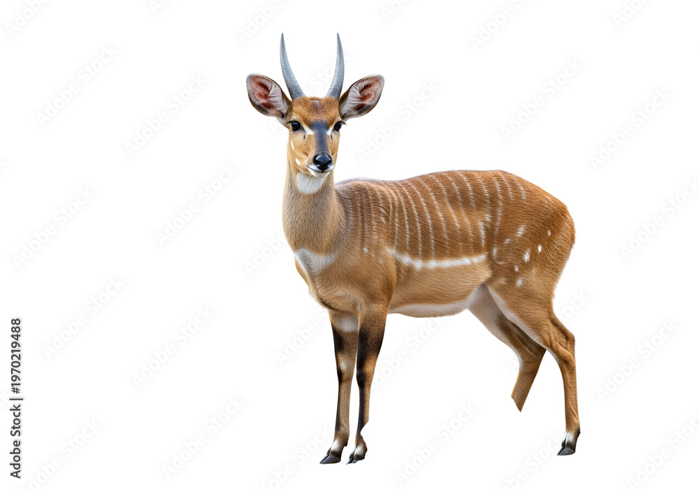 Fototapeta premium A captivating, full shot of a graceful antelope, showcasing its intricate, light-brown and cream-colored patterns against a stark black background.