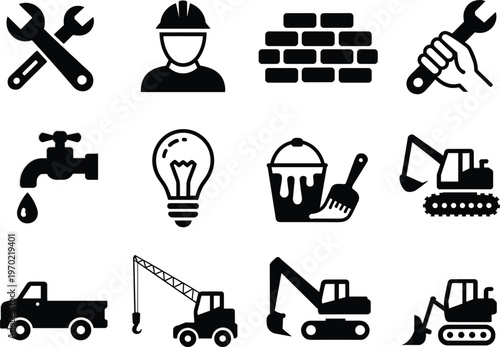 Construction and home repair icon set, building machinery, industrial tools, worker and plumbing vector symbols