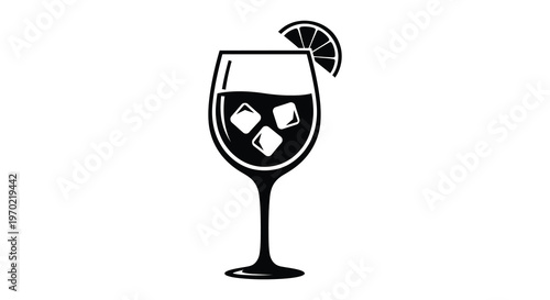 A striking black silhouette of a wine glass filled with ice and garnished with a lemon slice silhouette