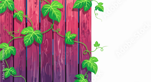 Vibrant wooden fence, green ivy leaves, colorful illustration, garden background