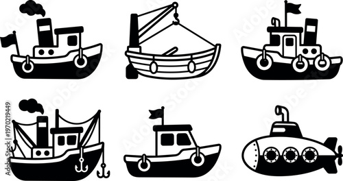 Black and white line art six boat and submarine icons