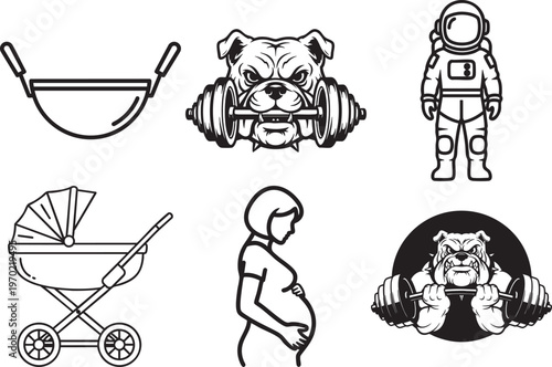 Black and white line art illustrations of baby carriage, pregnant woman, astronaut, and bulldog lifting weights