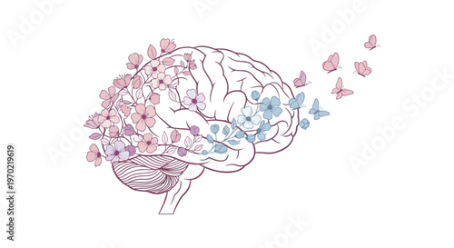 A brain illustration with flowers and butterflies emerging from it in a creative scene.