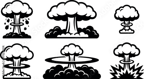 Black and white mushroom cloud explosion icons set vector art