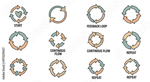 Circular Arrow Diagrams Set for Process, Cycle, Flow, and Repeat Concepts