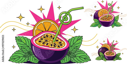 Tropical fruit icons, passionfruit, orange, mint leaves, colorful vector graphics