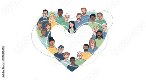 Diverse group of people form a heart shape with faces and expressions.