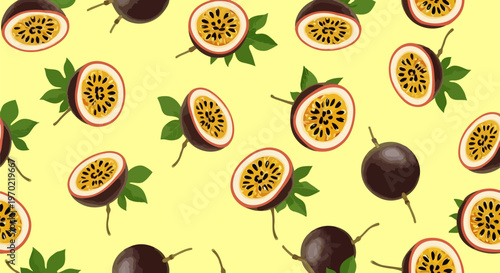 Passion Fruit Pattern, Tropical Fruit Design, Yellow Background, Vector Illustration