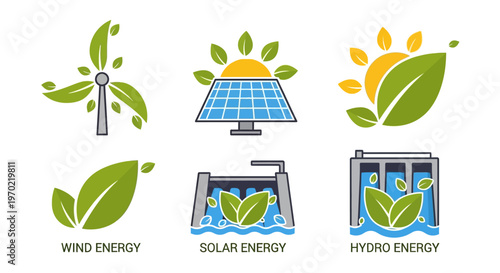 Renewable energy sources icons including wind solar and hydro power with green leaves.