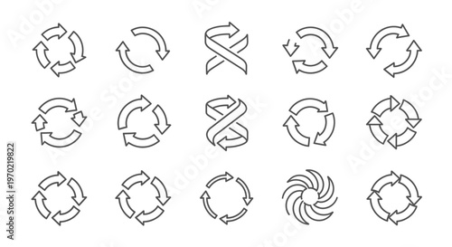 Circular Arrow Icons Set: Refresh, Recycle, Loop, and Rotation Symbols in Outline Style